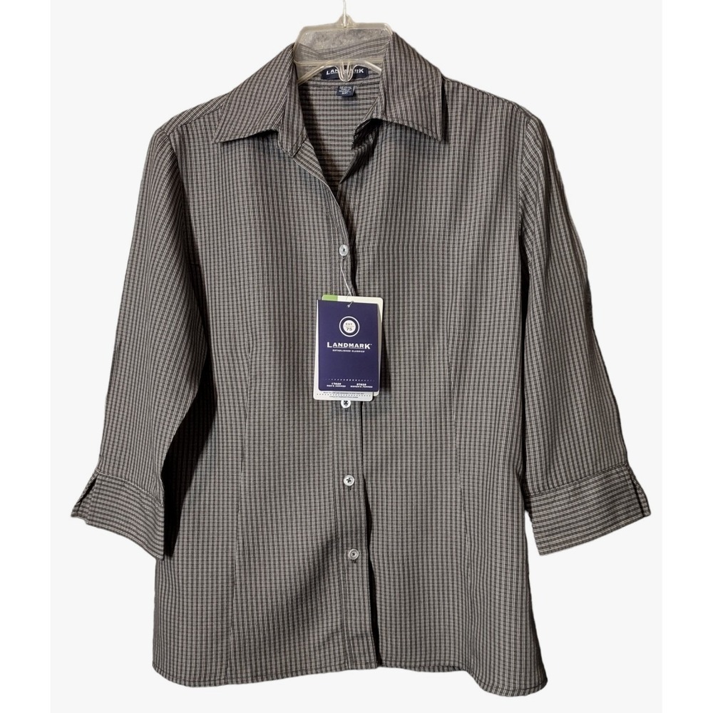 Landmark Button Up Shirt Women's Small Black White 3/4 Sleeve Micro Check Office
